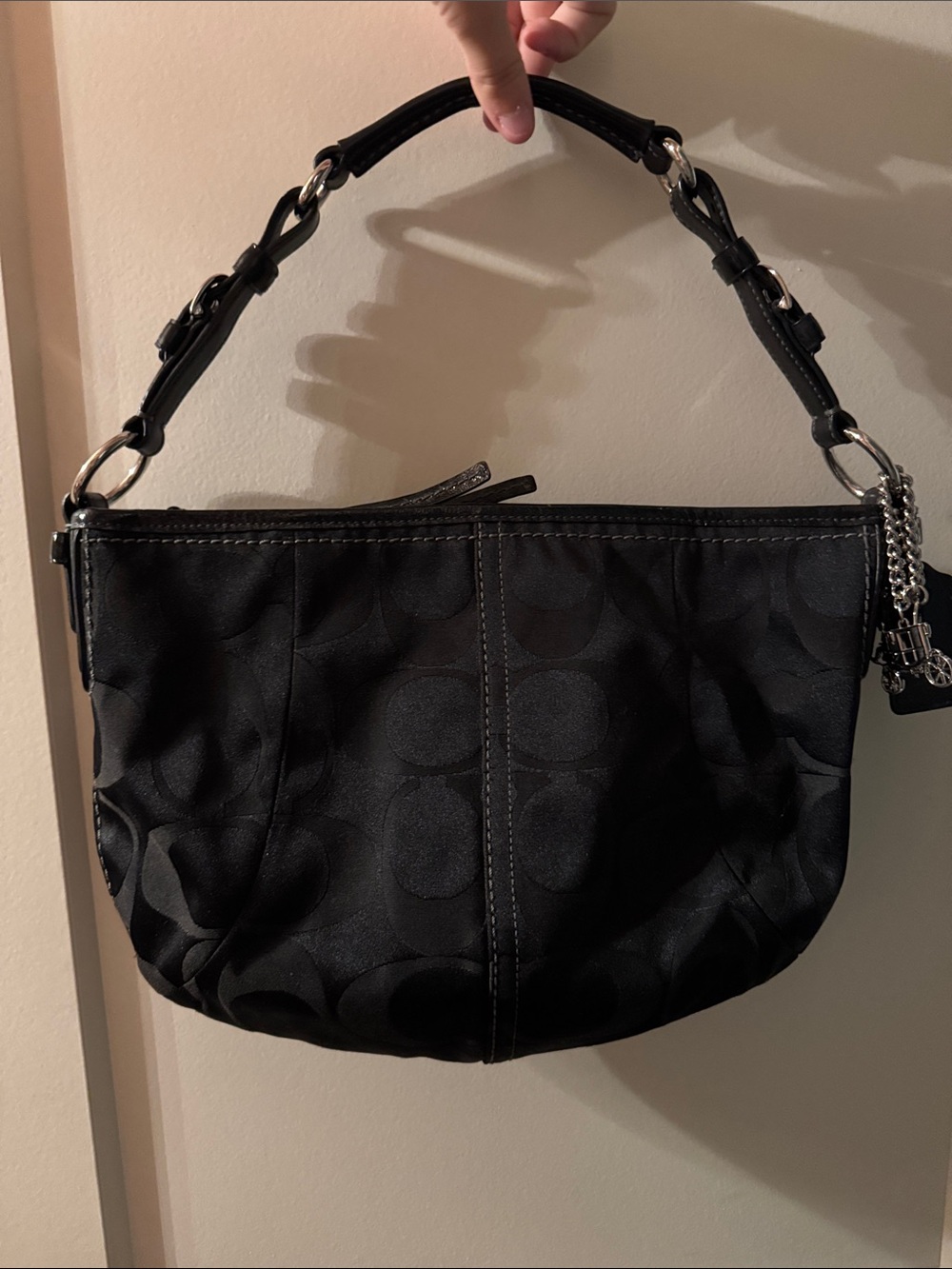 Coach Black Signature Jacquard Shoulder Bag with Charm